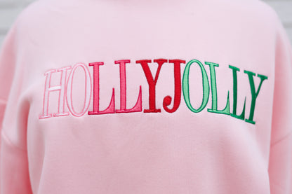 HOLLY JOLLY EMBROIDERED LETTER SWEATSHIRT - PINK