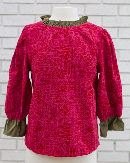 3/4 PUFF SLEEVE CONTRAST RUFFLE ABSTRACT PRINTED TOP - MAGENTA