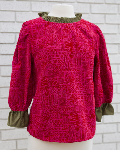 3/4 PUFF SLEEVE CONTRAST RUFFLE ABSTRACT PRINTED TOP - MAGENTA