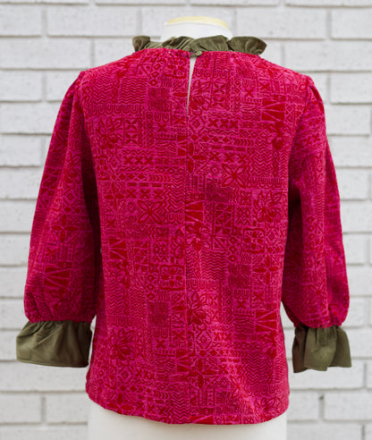 3/4 PUFF SLEEVE CONTRAST RUFFLE ABSTRACT PRINTED TOP - MAGENTA