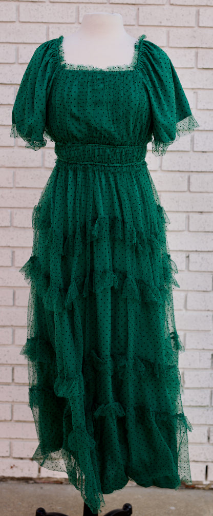HUNTER GREEN POLKA DOT MESH MIDI DRESS