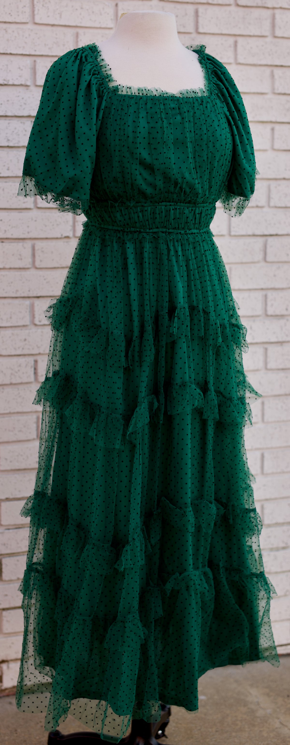 HUNTER GREEN POLKA DOT MESH MIDI DRESS