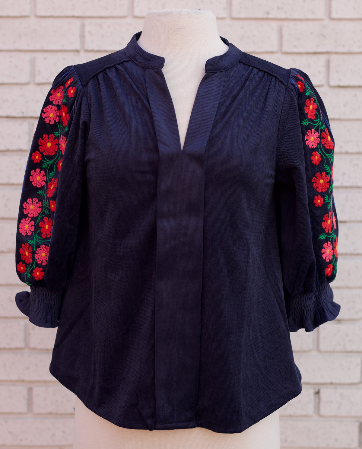 NAVY FLORAL EMBROIDERED CORDUROY TOP