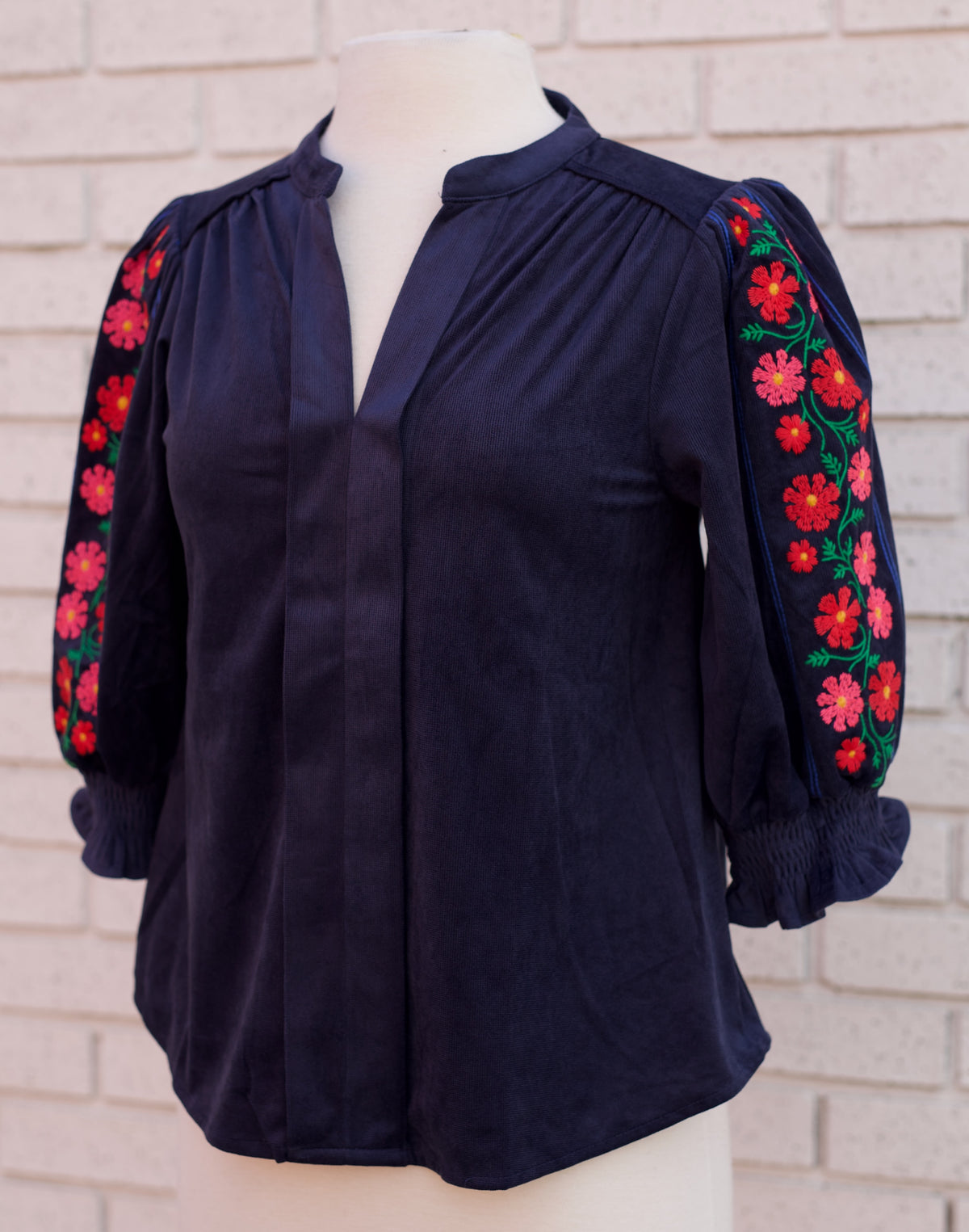 NAVY FLORAL EMBROIDERED CORDUROY TOP