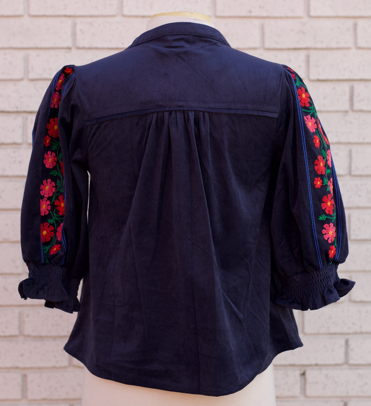 NAVY FLORAL EMBROIDERED CORDUROY TOP