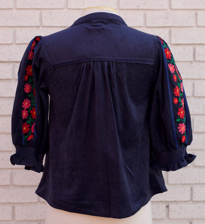 NAVY FLORAL EMBROIDERED CORDUROY TOP