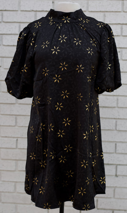 HIGH NECK TIE BACK METALLIC FLORAL PRINT DRESS - BLACK