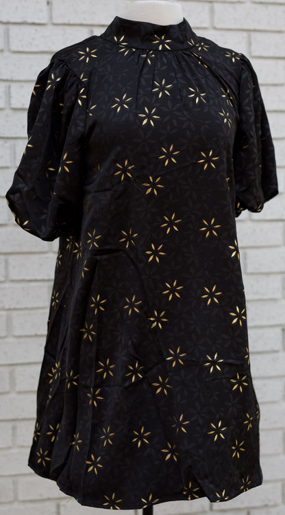 HIGH NECK TIE BACK METALLIC FLORAL PRINT DRESS - BLACK