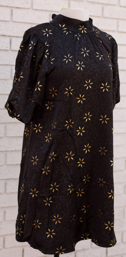 HIGH NECK TIE BACK METALLIC FLORAL PRINT DRESS - BLACK