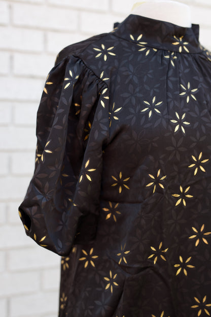 HIGH NECK TIE BACK METALLIC FLORAL PRINT DRESS - BLACK