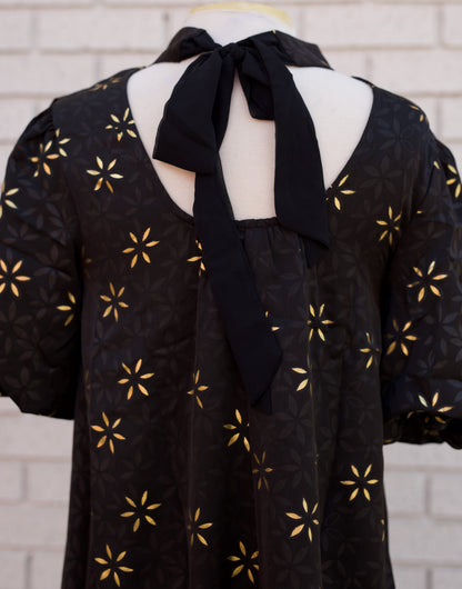 HIGH NECK TIE BACK METALLIC FLORAL PRINT DRESS - BLACK
