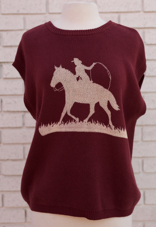 WINE WESTERN GRAPHIC CAP SLEEVE SWEATER