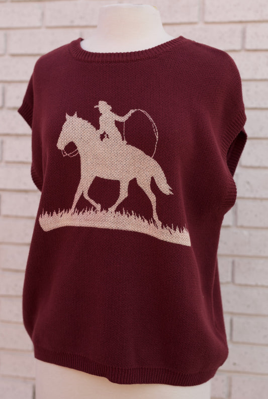 WINE WESTERN GRAPHIC CAP SLEEVE SWEATER