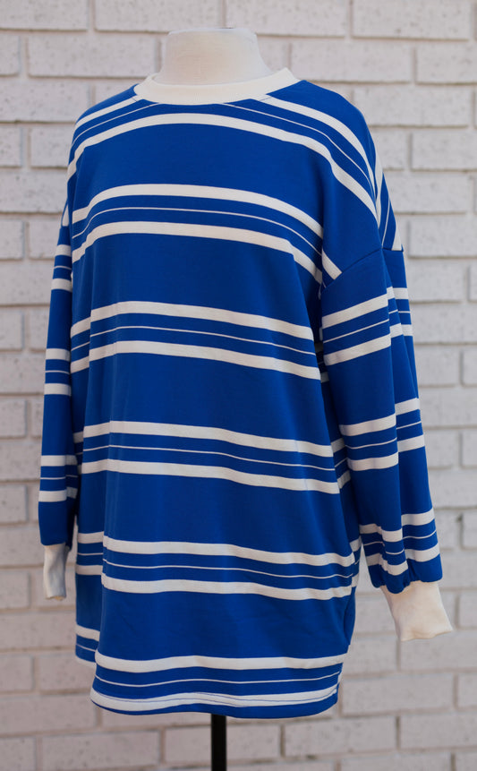 COASTAL BREEZE STRIPE SWEATSHIRT DRESS - BLUE
