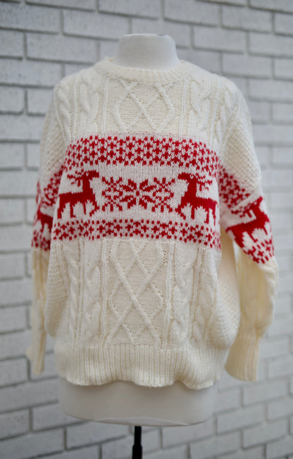CHRISTMAS THEME PATTERNED CABLE KNIT SWEATER - RED