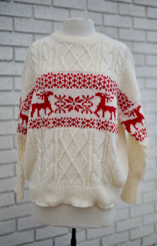 CHRISTMAS THEME PATTERNED CABLE KNIT SWEATER - RED