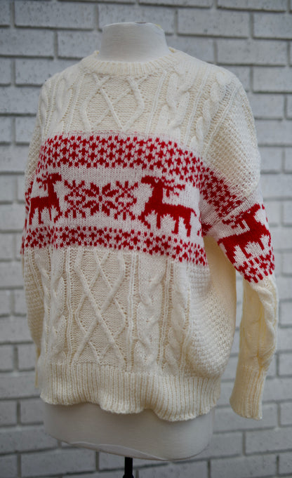 CHRISTMAS THEME PATTERNED CABLE KNIT SWEATER - RED