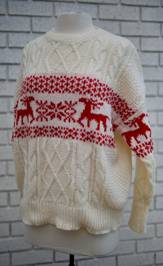 CHRISTMAS THEME PATTERNED CABLE KNIT SWEATER - RED