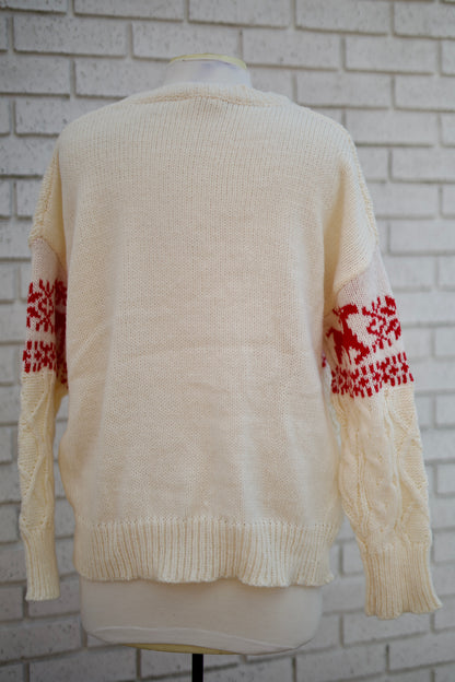 CHRISTMAS THEME PATTERNED CABLE KNIT SWEATER - RED