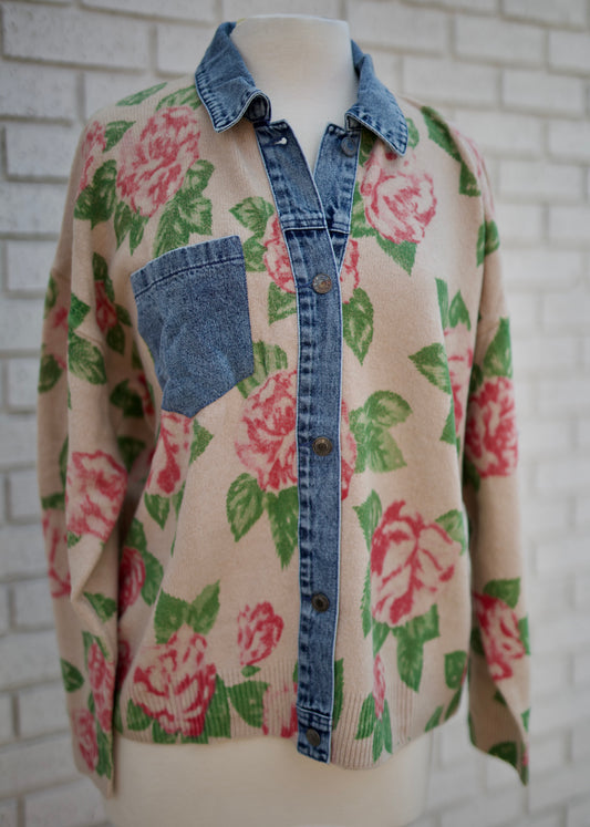 FLOWER PRINTED KNIT WITH DENIM COMBO CARDIGAN TOP - OATMEAL