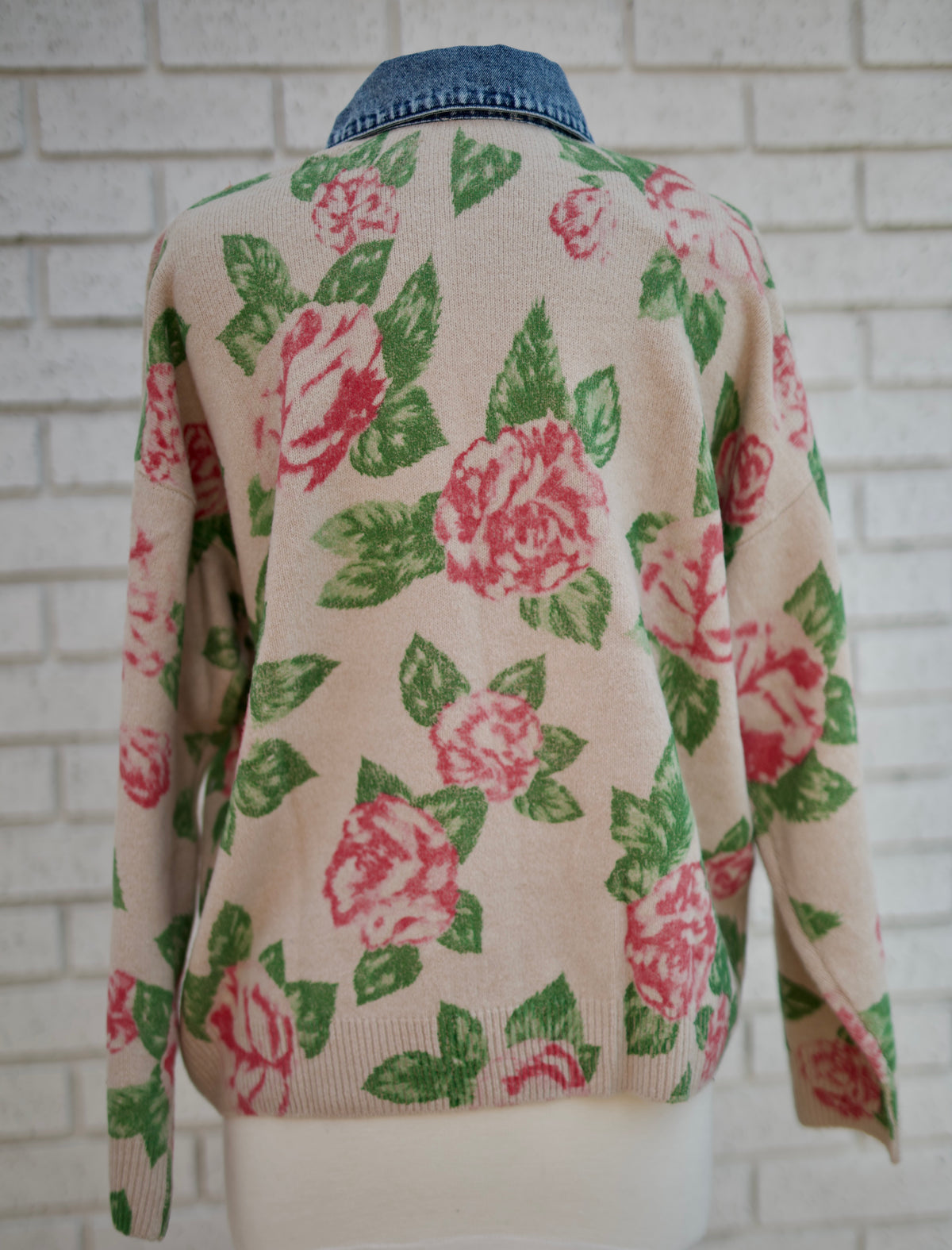 FLOWER PRINTED KNIT WITH DENIM COMBO CARDIGAN TOP - OATMEAL