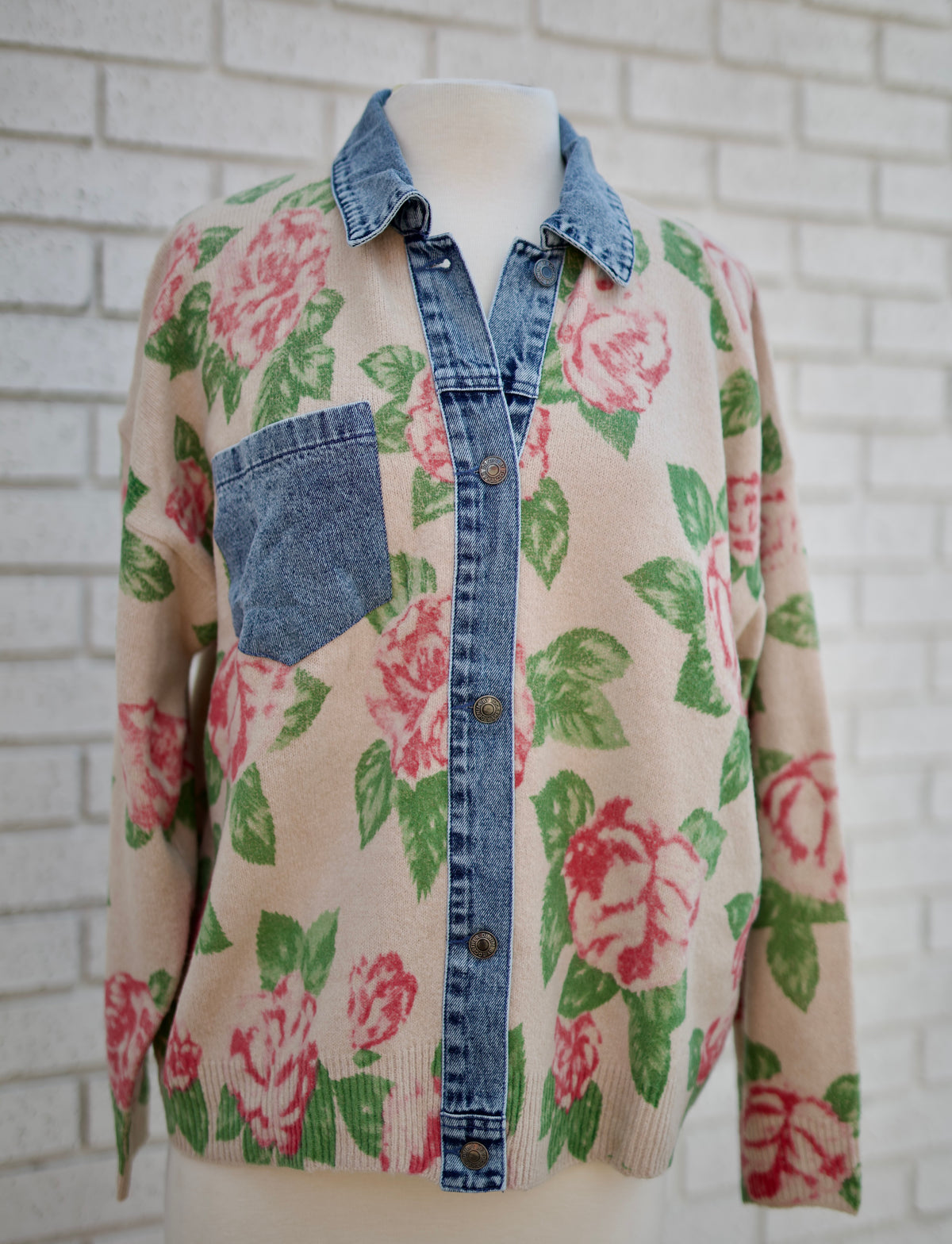 FLOWER PRINTED KNIT WITH DENIM COMBO CARDIGAN TOP - OATMEAL