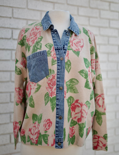 FLOWER PRINTED KNIT WITH DENIM COMBO CARDIGAN TOP - OATMEAL