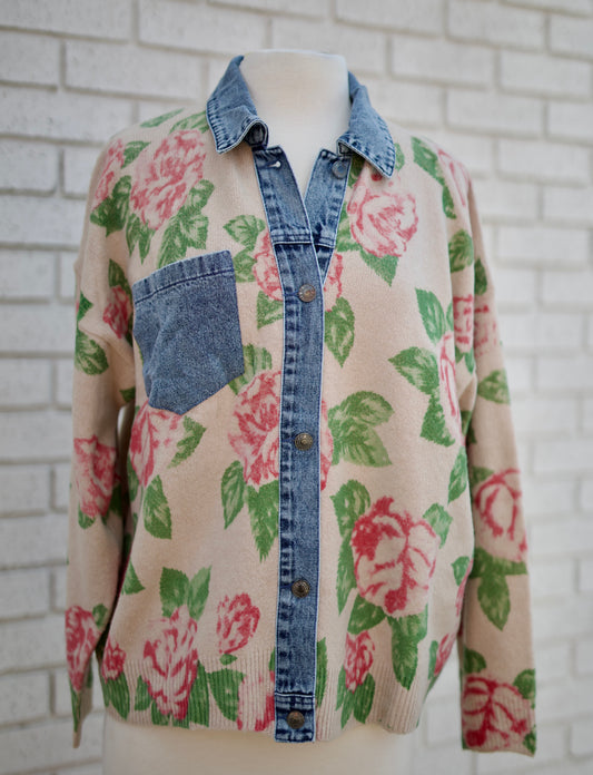 FLOWER PRINTED KNIT WITH DENIM COMBO CARDIGAN TOP - OATMEAL