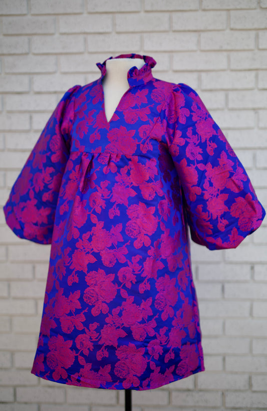 3/4 PUFF SLEEVE FLORAL JACQUARD BABY DOLL DRESS WITH RUFFLED NECKLINE
