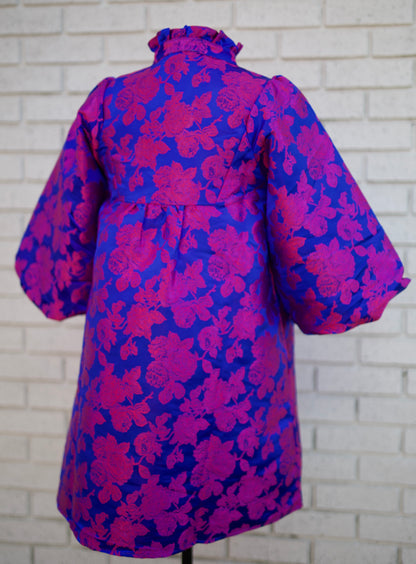 3/4 PUFF SLEEVE FLORAL JACQUARD BABY DOLL DRESS WITH RUFFLED NECKLINE