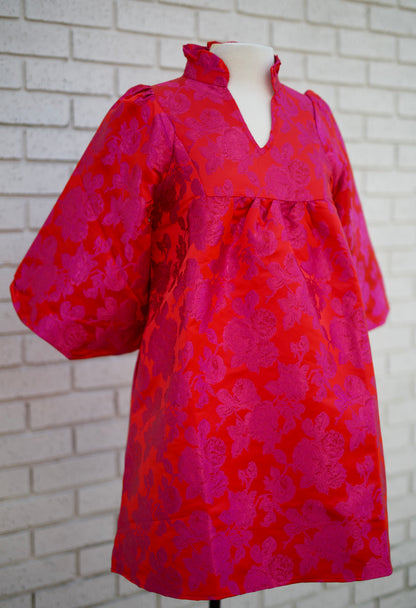 3/4 PUFF SLEEVE FLORAL JACQUARD BABY DOLL DRESS WITH RUFFLED NECKLINE