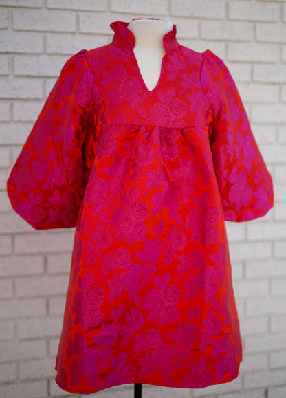 3/4 PUFF SLEEVE FLORAL JACQUARD BABY DOLL DRESS WITH RUFFLED NECKLINE