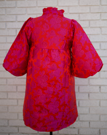3/4 PUFF SLEEVE FLORAL JACQUARD BABY DOLL DRESS WITH RUFFLED NECKLINE