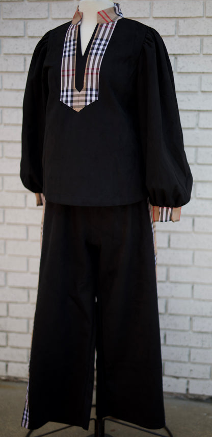 BLACK 3/4 PUFF SLEEVE TOP  & PANTS WITH PLAID CONTRAST TRIM 2 PC SET
