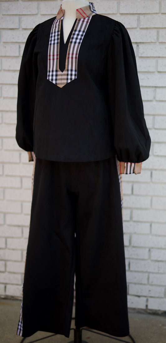 BLACK 3/4 PUFF SLEEVE TOP  & PANTS WITH PLAID CONTRAST TRIM 2 PC SET