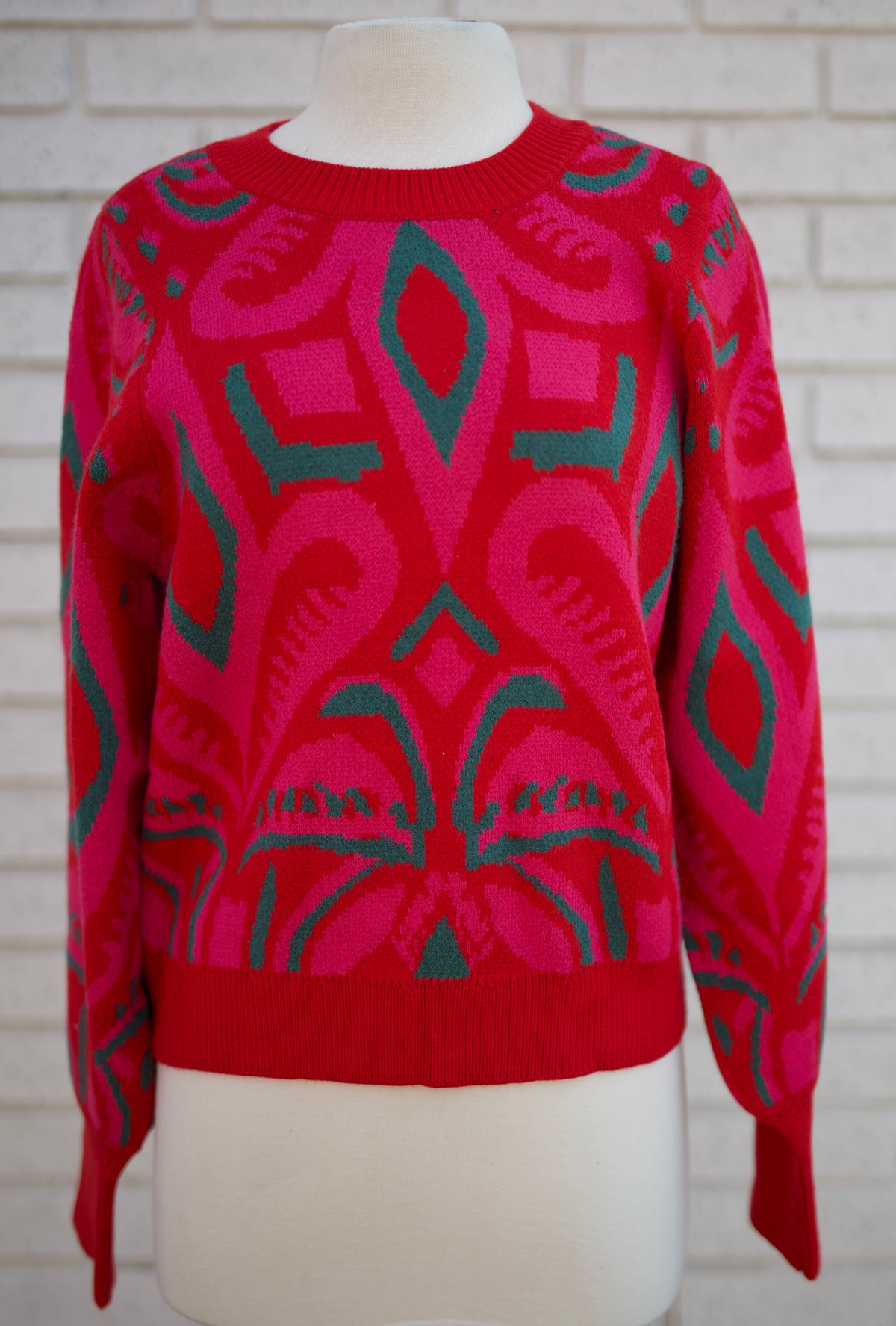 RED MIX LONG PUFF SLEEVE ABSTRACT PATTERN SWEATER