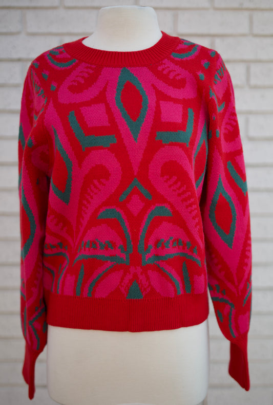 RED MIX LONG PUFF SLEEVE ABSTRACT PATTERN SWEATER