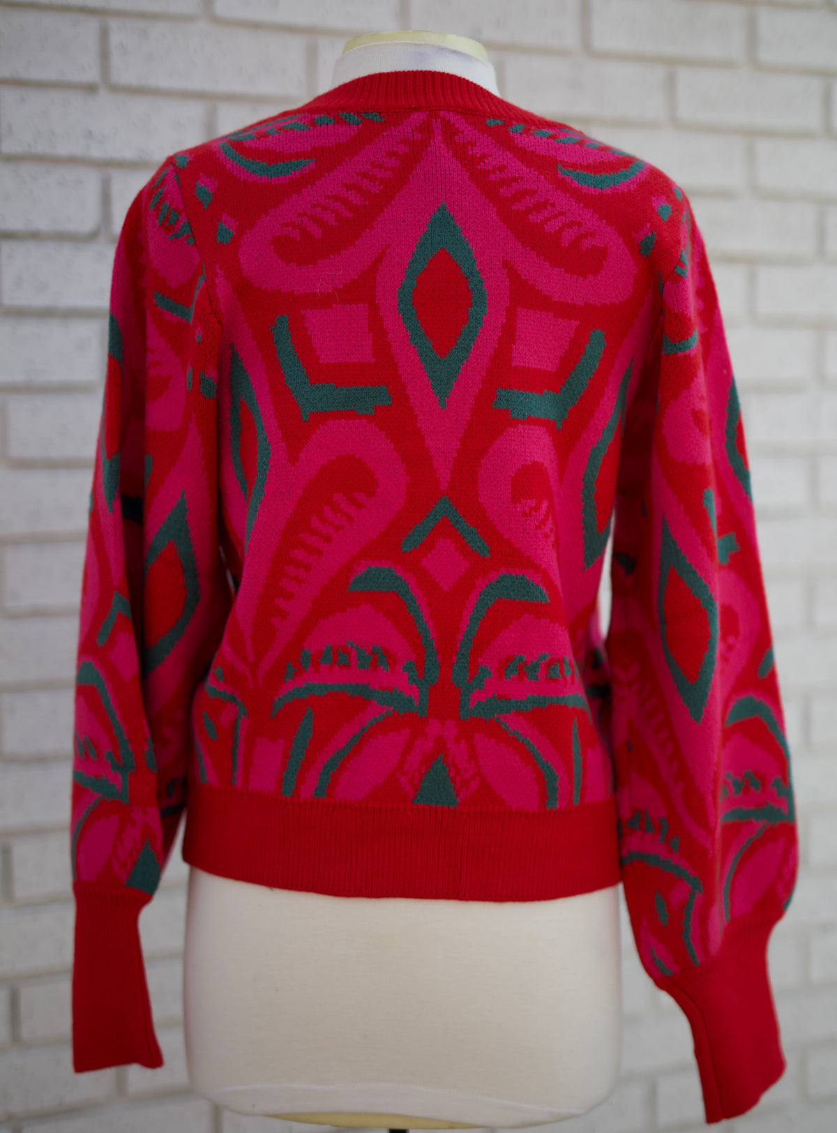 RED MIX LONG PUFF SLEEVE ABSTRACT PATTERN SWEATER