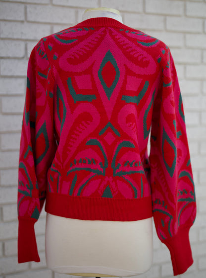RED MIX LONG PUFF SLEEVE ABSTRACT PATTERN SWEATER