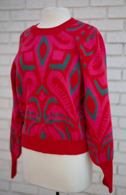 RED MIX LONG PUFF SLEEVE ABSTRACT PATTERN SWEATER