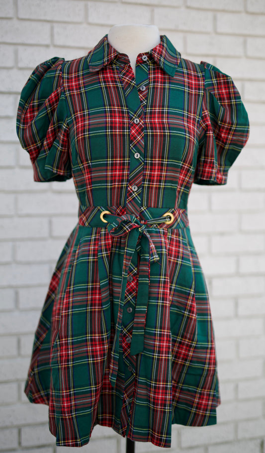 GREEN PLAID SHORT PUFF SLEEVE MINI DRESS WITH BUTTON FRONT & TIE WAIST