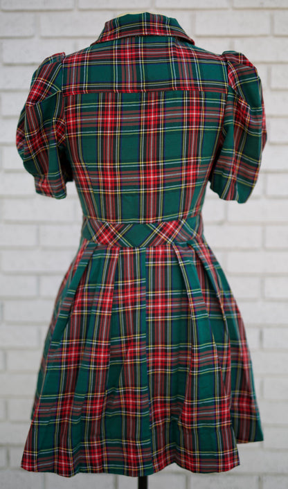 GREEN PLAID SHORT PUFF SLEEVE MINI DRESS WITH BUTTON FRONT & TIE WAIST