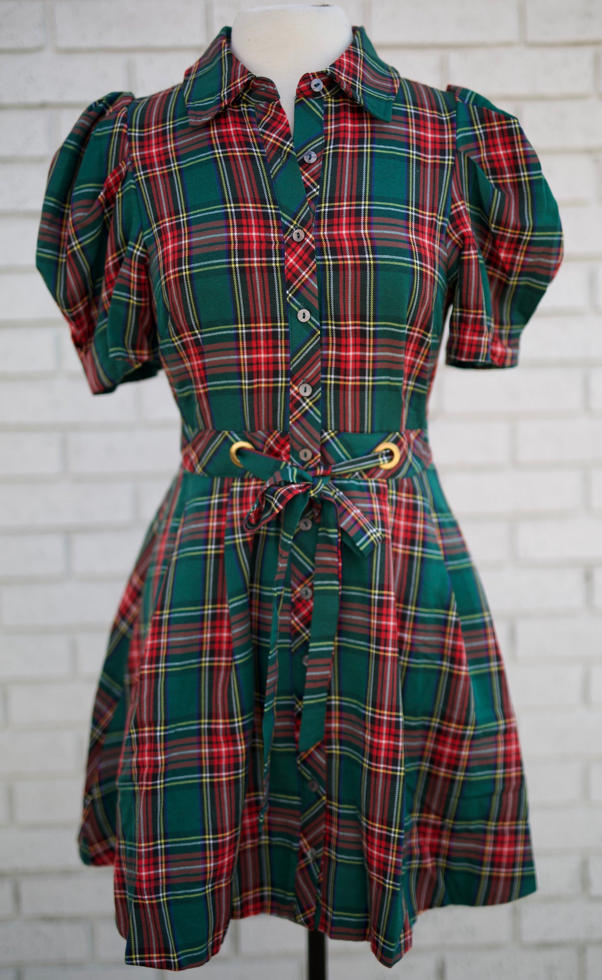 GREEN PLAID SHORT PUFF SLEEVE MINI DRESS WITH BUTTON FRONT & TIE WAIST