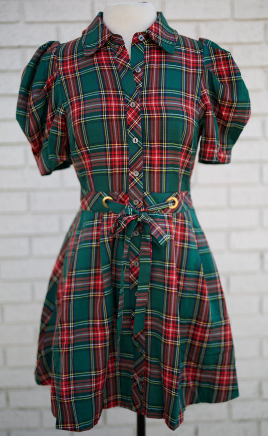 GREEN PLAID SHORT PUFF SLEEVE MINI DRESS WITH BUTTON FRONT & TIE WAIST