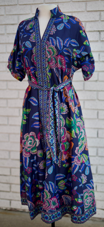 NAVY FLORAL PUFF SLEEVE BUTTON DOWN TIE WAIST  MIDI DRESS