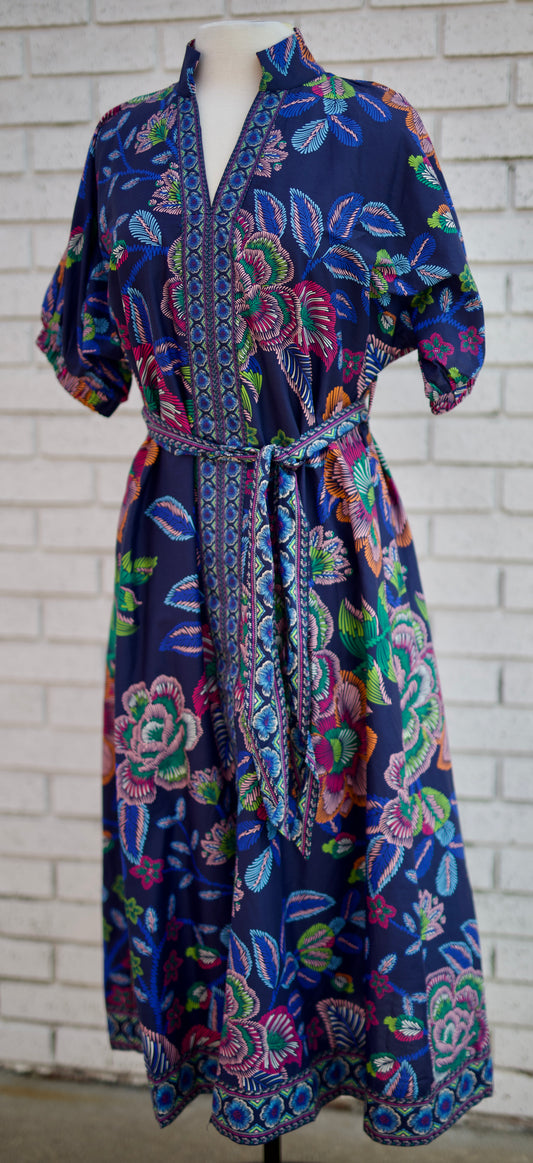 NAVY FLORAL PUFF SLEEVE BUTTON DOWN TIE WAIST  MIDI DRESS