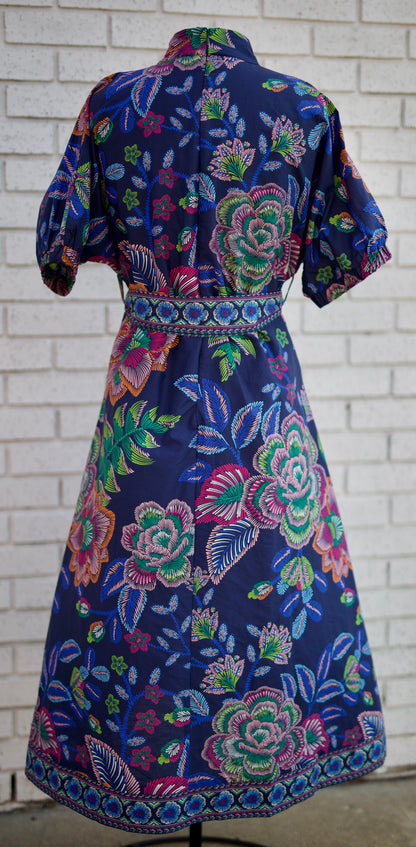 NAVY FLORAL PUFF SLEEVE BUTTON DOWN TIE WAIST  MIDI DRESS