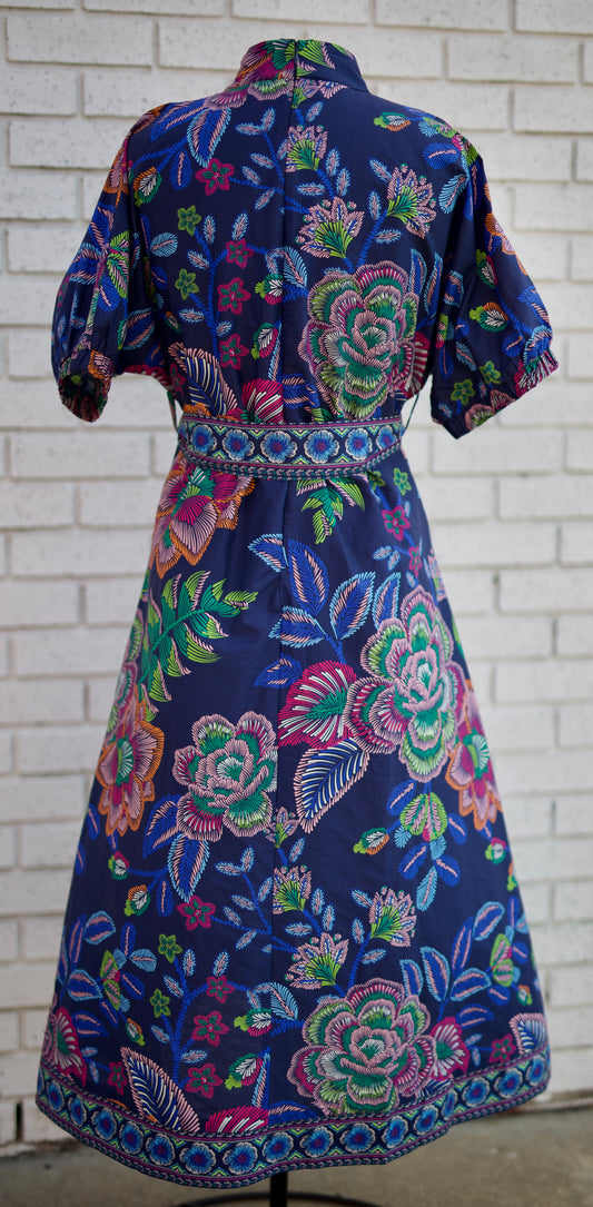 NAVY FLORAL PUFF SLEEVE BUTTON DOWN TIE WAIST  MIDI DRESS