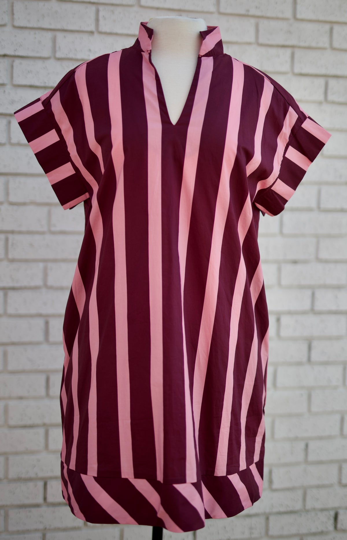 PLUM & PINK STRIPED COLLARED SHORT SLEEVE MINI DRESS