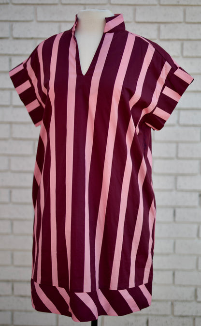 PLUM & PINK STRIPED COLLARED SHORT SLEEVE MINI DRESS